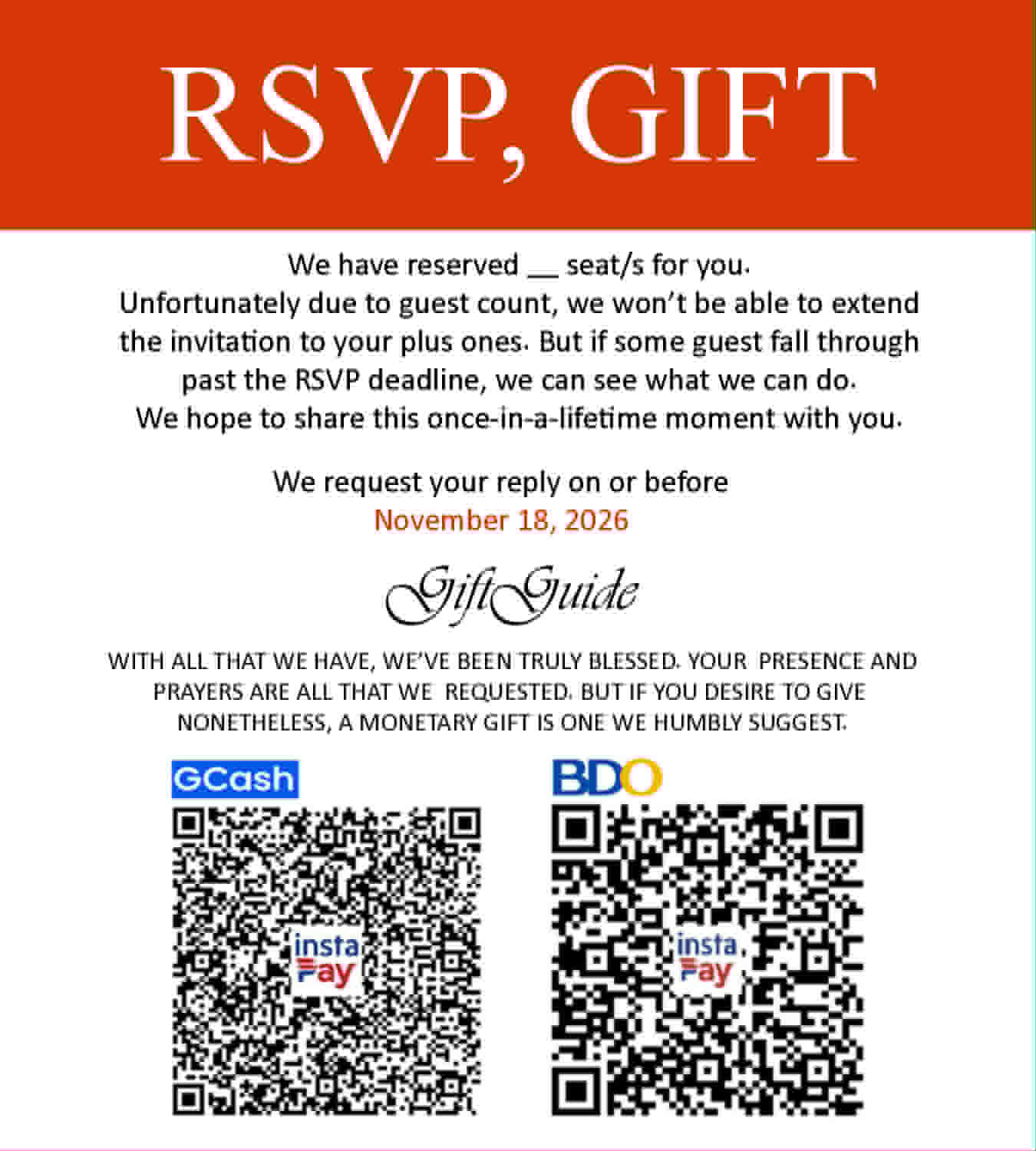 RSVP & Gift Guide — GCash and BDO InstaPay QR codes